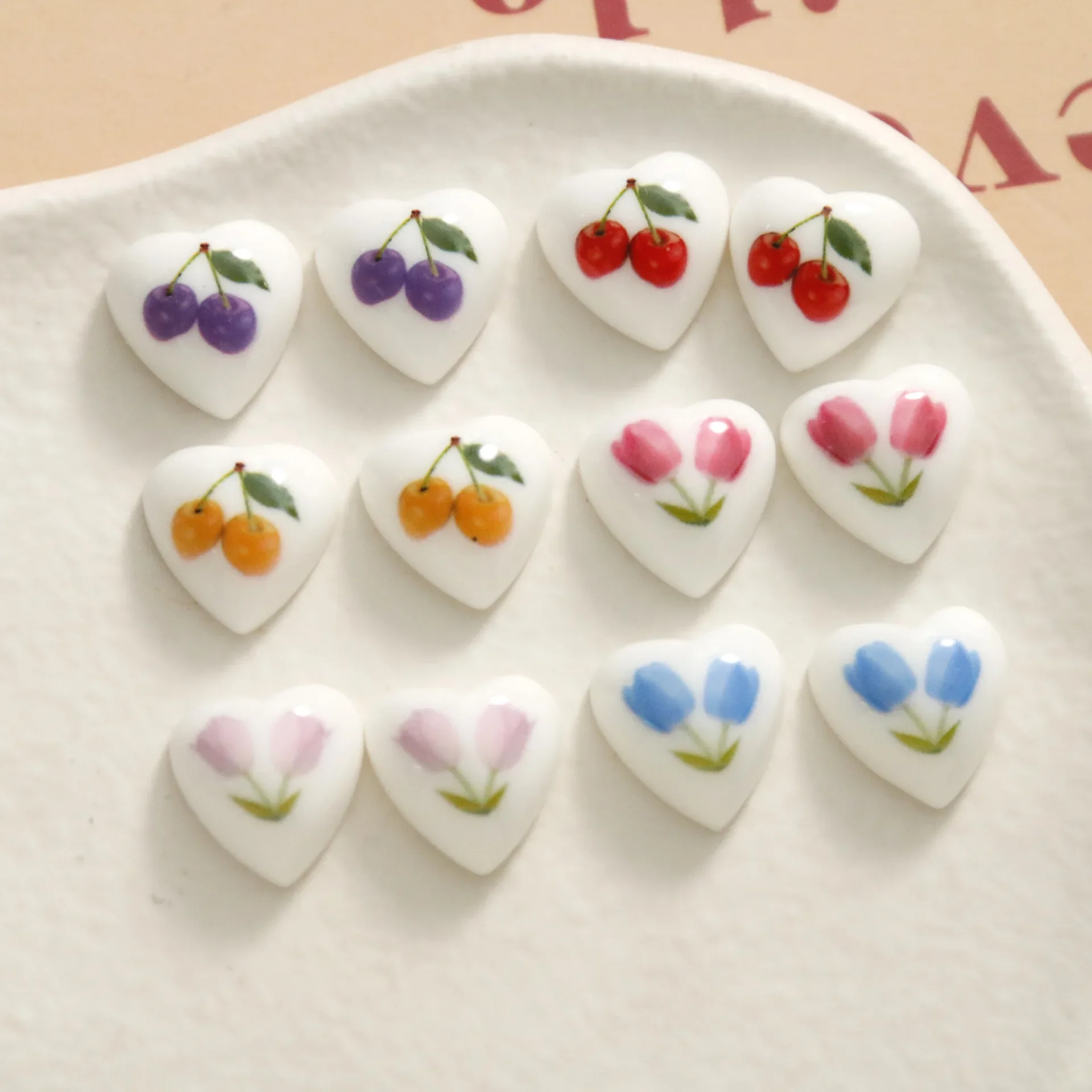 5pcs mini love printing fruit tulip peach heart Flat Back Cabochon For DIY Jewelry Making Accessories