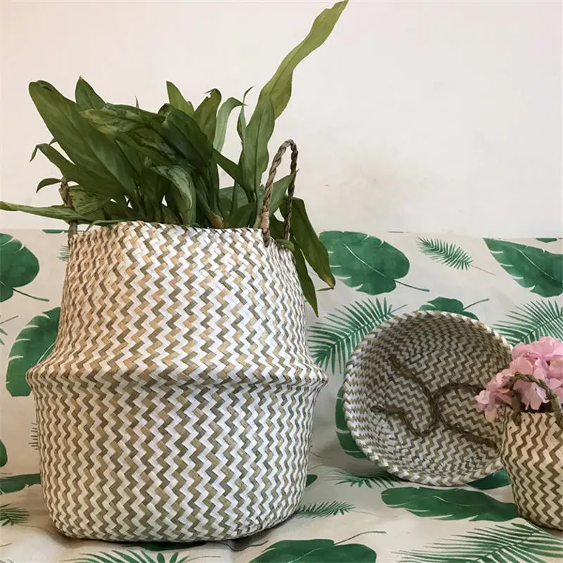 Foldable Handmade Seagrass Flower Pot Storage Wicker Basket Rattan Straw Home Garden Wave Pattern Planter pots Laundry Basket