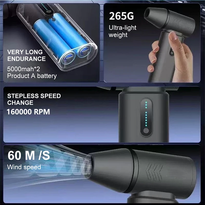 160000RPM Car Electric Air Duster 265g Thrust  Mini Turbo Violent Fan Rechargeable Blower Super Strong Jet Dry Keyboard Cleaning