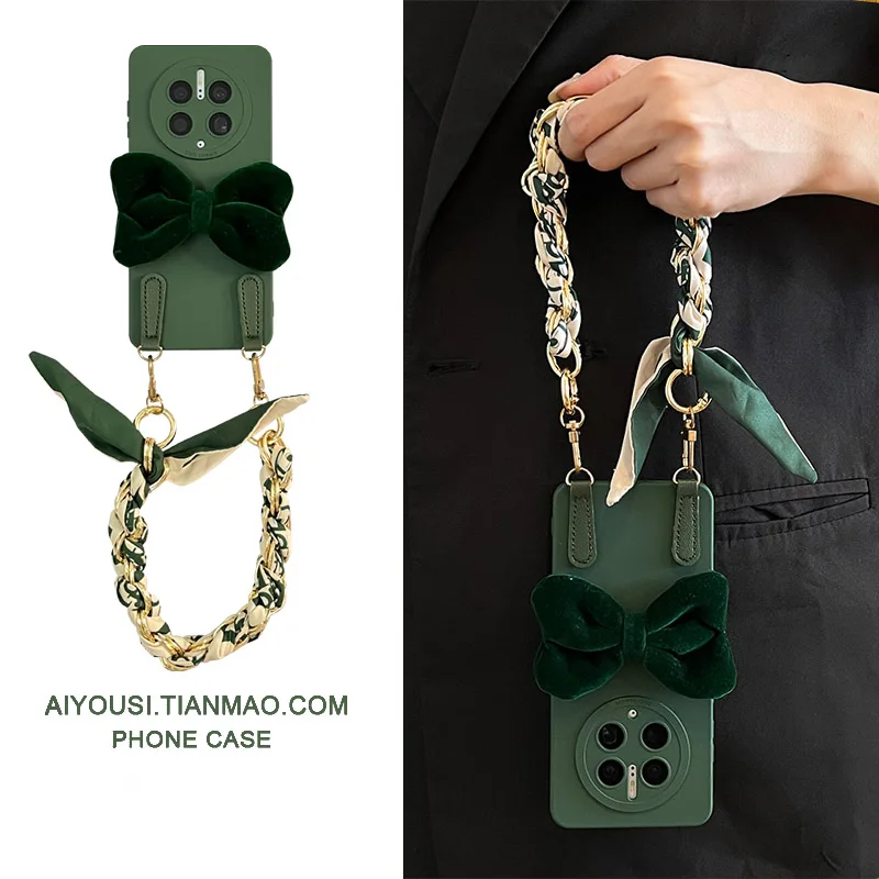 

Зеленый бархатный шарф-тоут с бантом для Apple 16, чехол для телефона iphone 15promax Crossbody 13pro, защитный чехол, простой темперамент