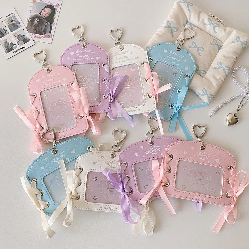 

DIY Ballet Ribbon Korean Photocard Holder PU Card Cover Love Heart Pendant Photo Photocard Frame Picture With Keychain