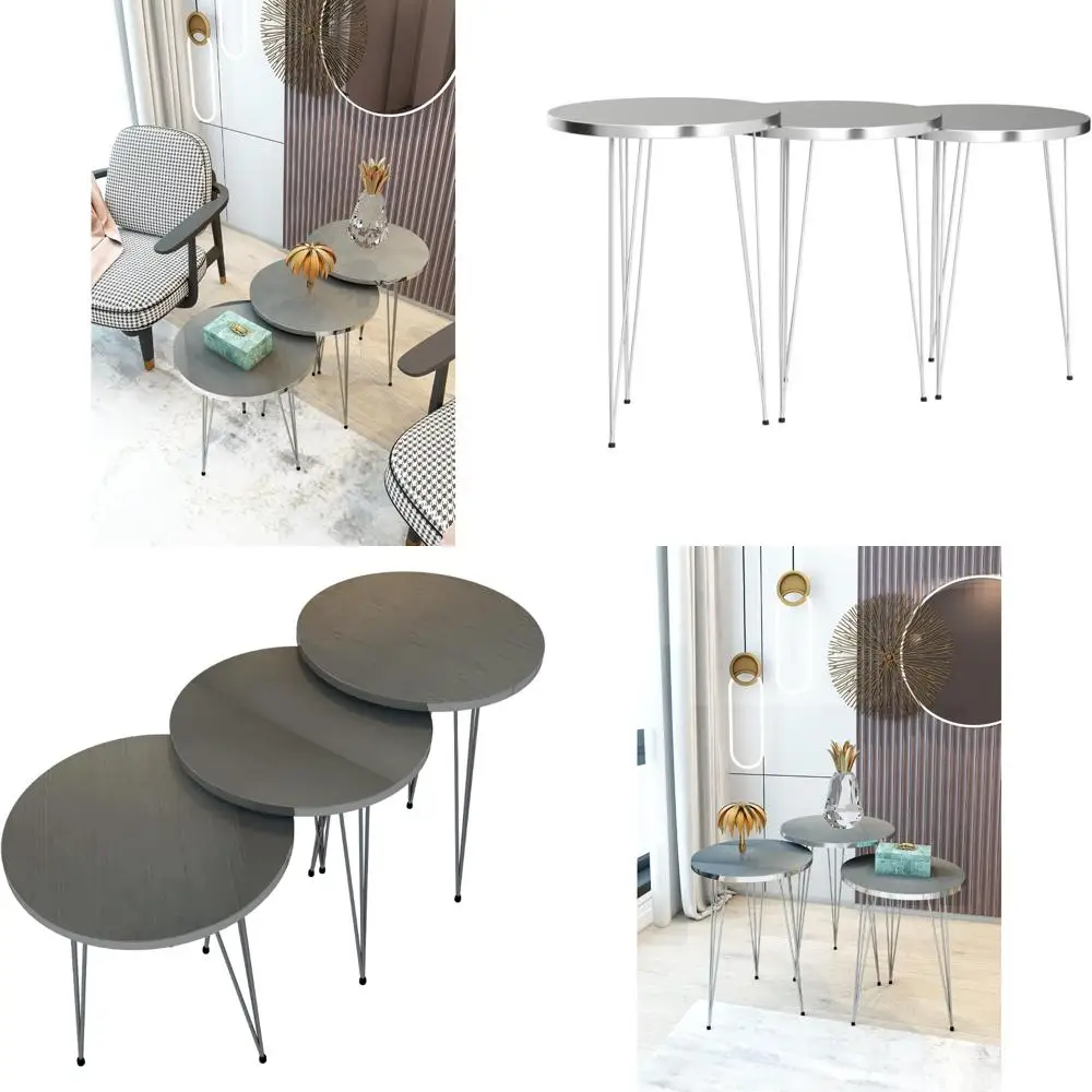 

Set of 3 Round Wooden Nesting Tables with Metal Legs for Living Room and Home Office Use