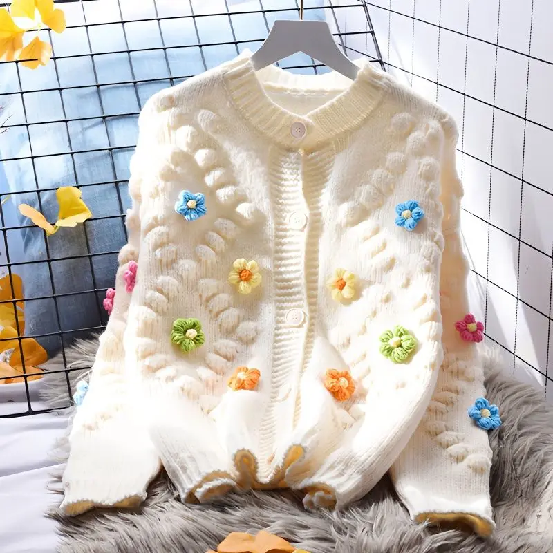 

2023 Women's Spring Autumn New Loose Knitted Cardigan Coats Female O-neck Sweater Jackets Ladies 3D Flower Casual Overcoats S532