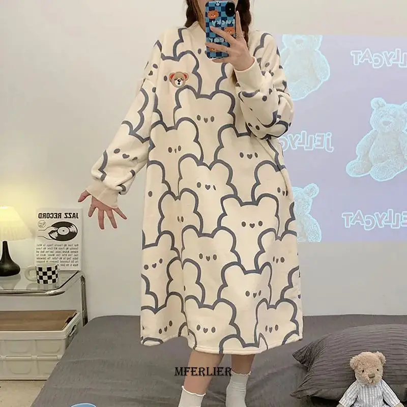 Plus Size 6XL 150kg Winter Autumn Thick Nightgowns Women Sweet Long Sleeve Fleece Sleepgown Winter Lounge Female Warm Dresses