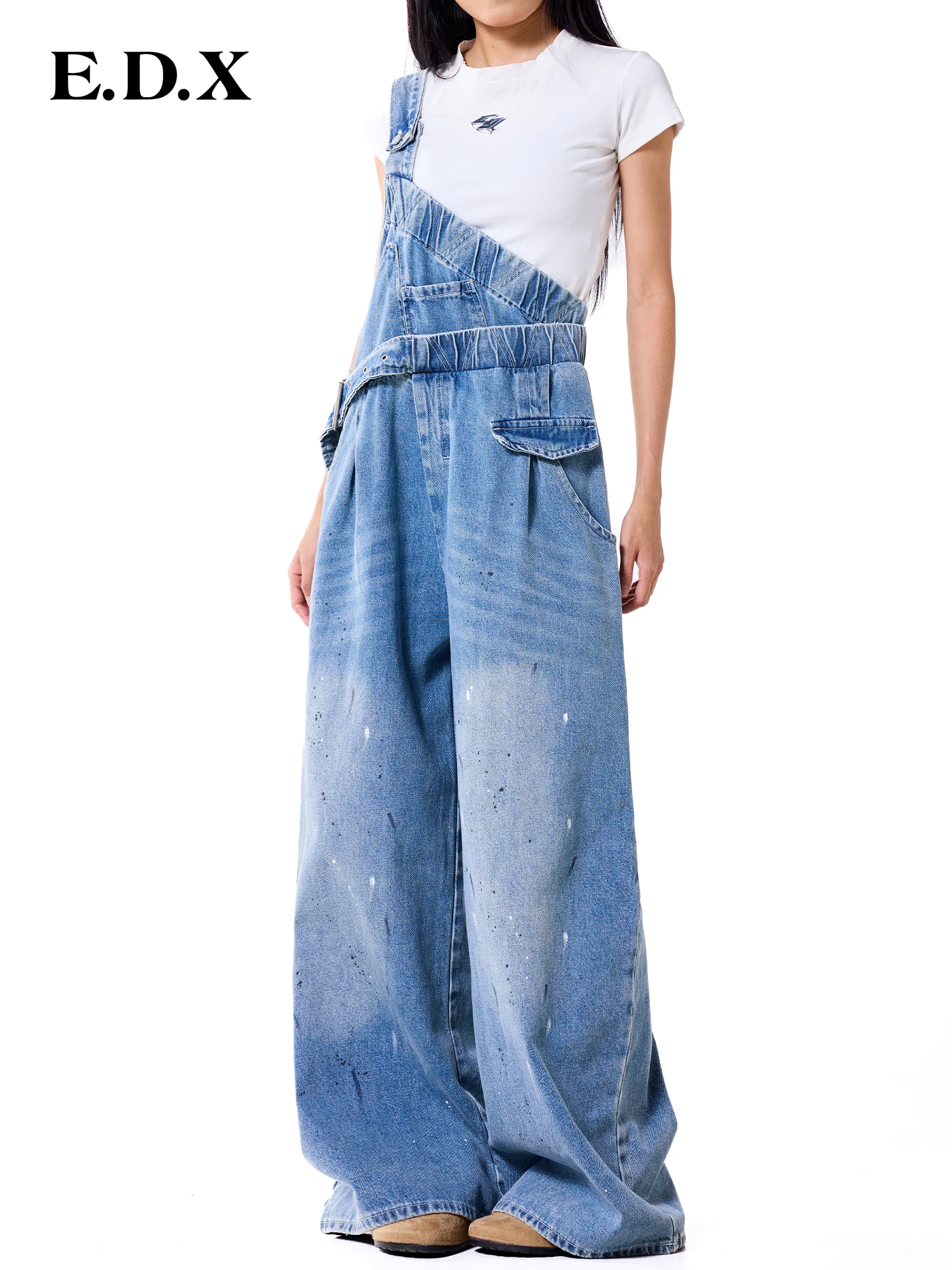 Retro Distressed Denim Overalls Women's Wide Leg Slimming High Waist Autumn New Style Irregular Shoulder Strap Jeans