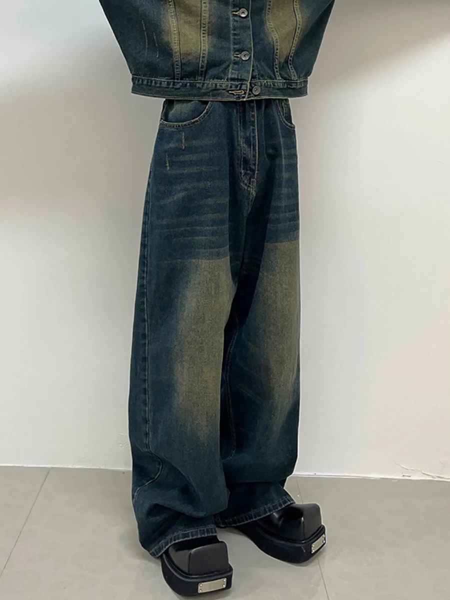 REDDACHIC Vintage Distressed Wash Denim Wide Pants Men Frayed Whiskers Adjust-waist Loose Straight Baggy Jeans Hiphop Streetwear