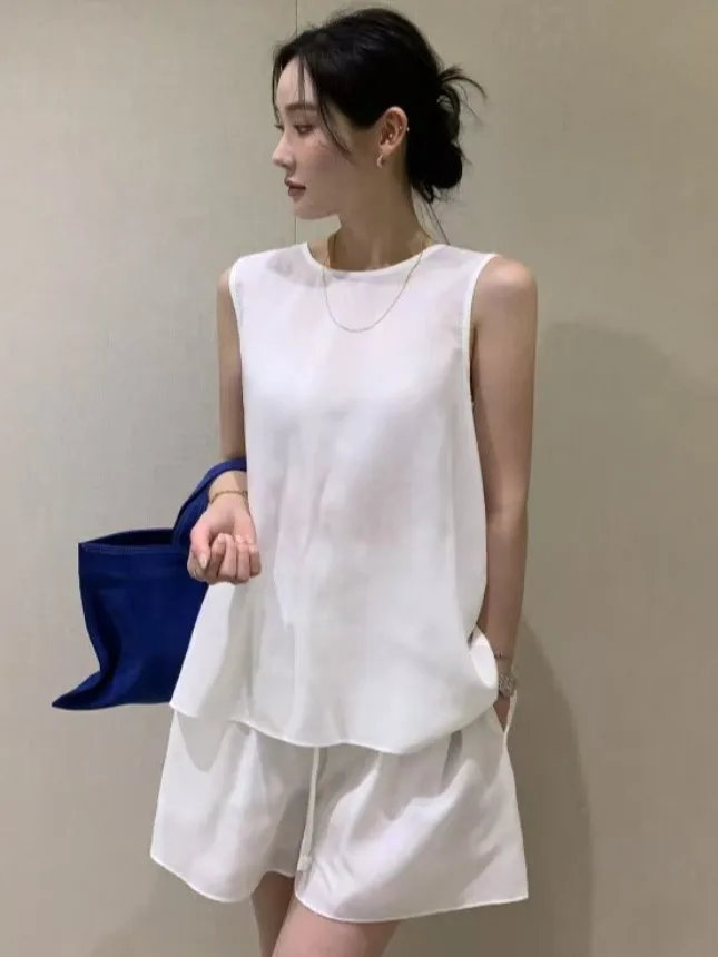 ชุดเซ็ตเสื้อกั๊กผูกเอวดีไซน์ใหม่สำหรับฤดูร้อน กางเกงขายาวเอวสูงทรงขากว้างสำหรับผู้หญิง พร้อมเข็มขัด ดีไซน์บิดเกลียว สไตล์ลำลองสำหรับใส่ไปทำงาน