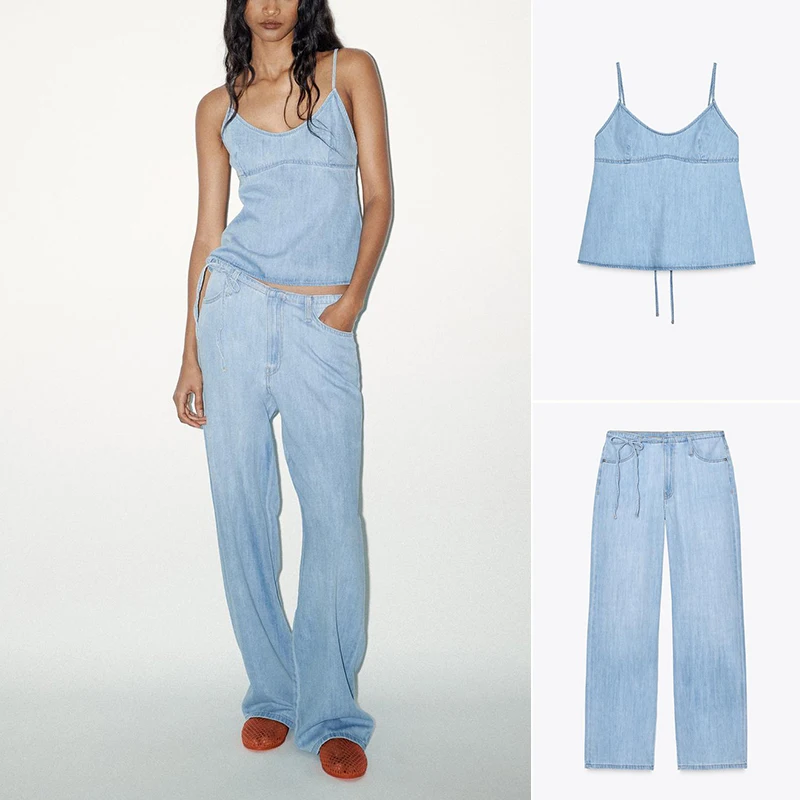 

Удобный топ с узлом и длинными брюками ort Sve round Ne Комплект из двух предметов Повседневная джинсовая одежда