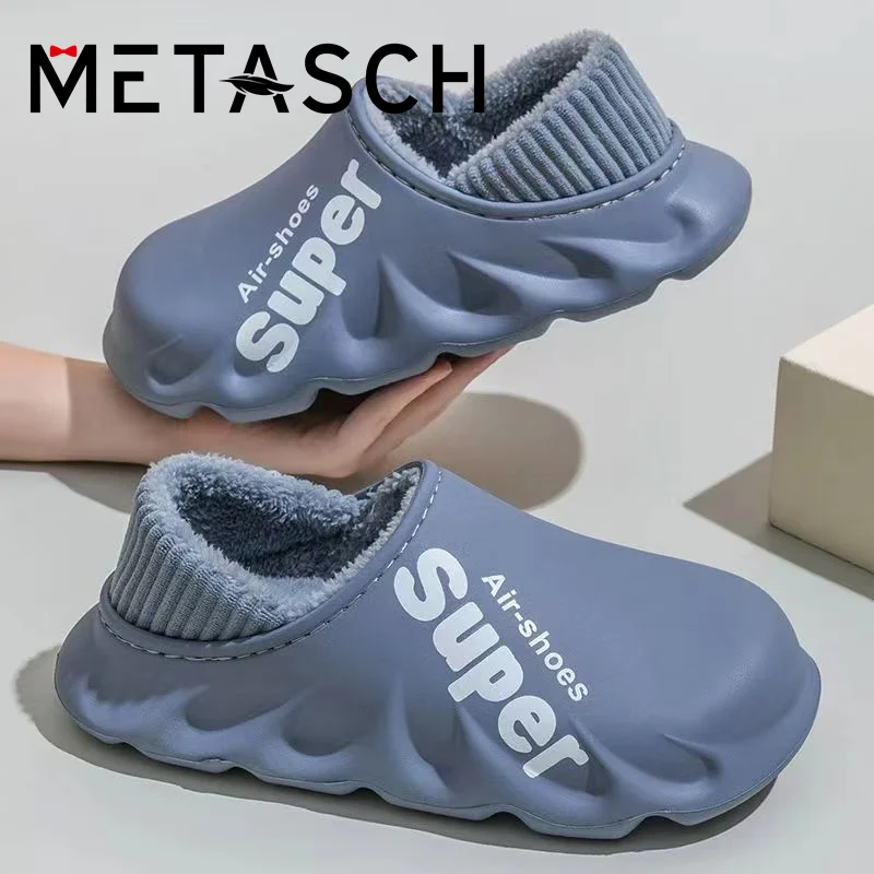 Мужские хлопковые тапочки METASCH, теплые осенне-зимние водонепроницаемые плюшевые Нескользящие модные уличные тапочки на толстой подошве