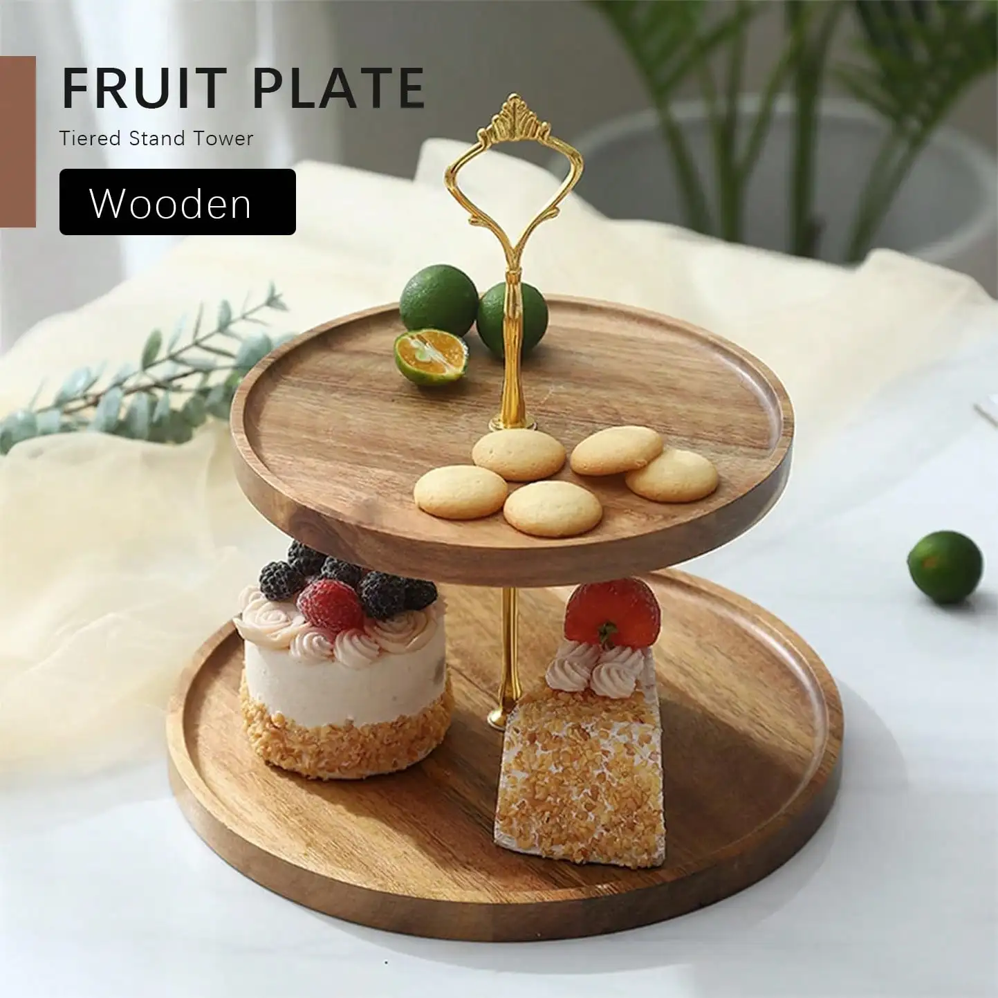 

Wooden Multi-Layered Tiered Stand - Metal Base Fruit Dessert Candy Tray Party Decor