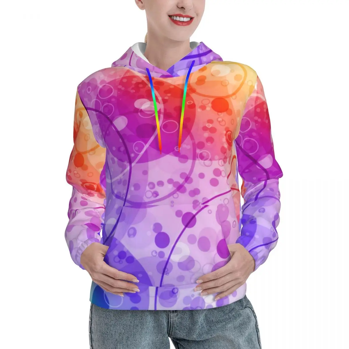 

Colorful Circles Hoodies Autumn Rain Bubbles In Rainbows Streetwear Hooded Shirt Female Modern Pattern Oversized Pullover Hoodie