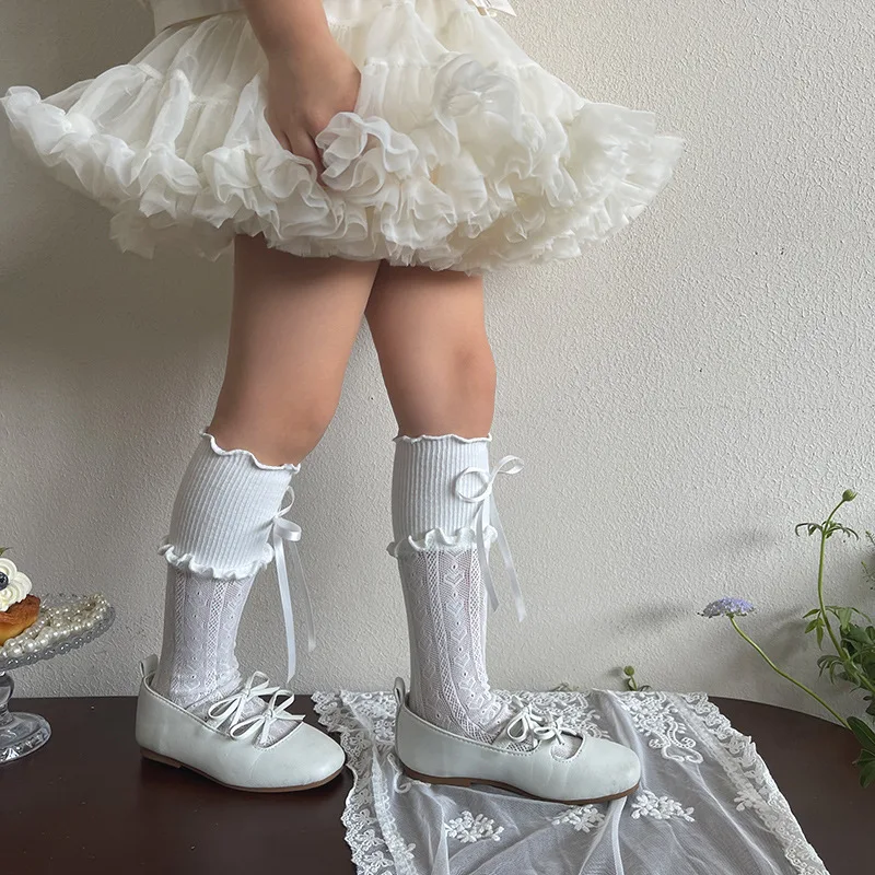 MILANCEL Spring Kids Straight Socks 3-8T Sweet Love Bow Girls Stacked Socks Children Knee-high Socks Solid Color Calf Socks