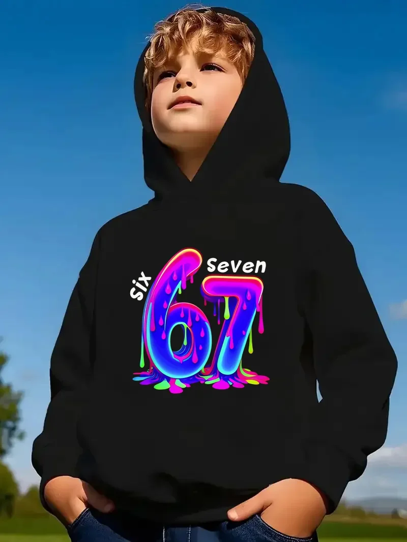 Kinder-Hoodie 67 Six Seven Vintage-Nummern-Print, langärmeliges Kapuzensweatshirt für Jungen und Mädchen, Frühling/Herbst, Kinderoberteile