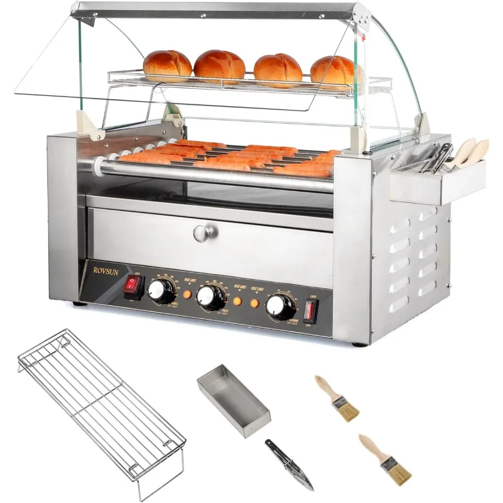 

Hot Dog Roller Warmer 1200W, 7 Rollers 18 Hot Dog Roller Grill Cooker Machine w/Bun Warmer, Cover, Dual Temp Control, LED