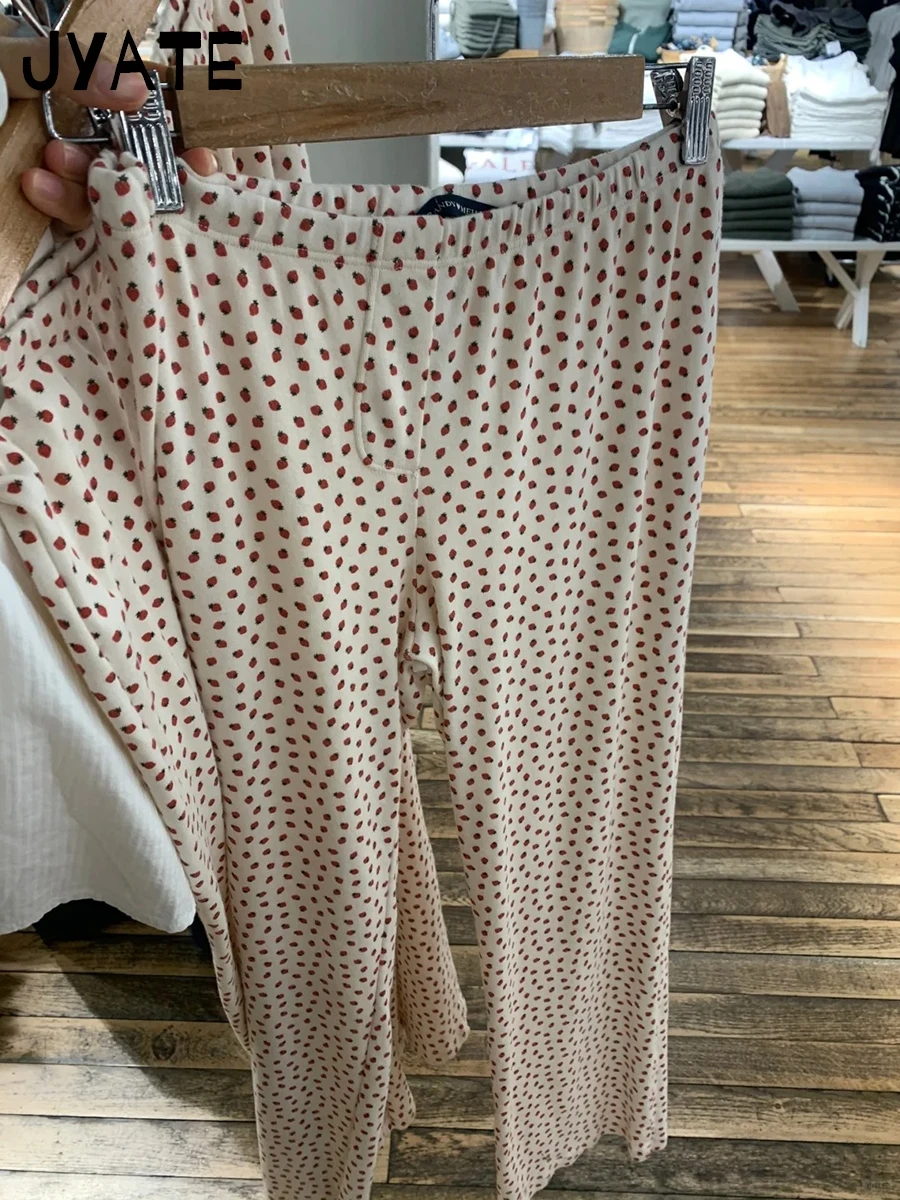 

Sweet Strawberry Print Home Trousers Women New Cotton Casual Elastic High Waist Straight Long Pant Cute Vintage Pajama Pants Y2K