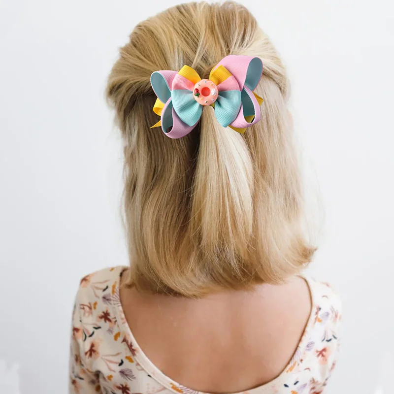 Sweet Doughnut Hair Bows With Clips Ribbon Colorful Hairpin Barrettes 3 Layer Bow Hair Clip Headwear Kids Apparel Accessories
