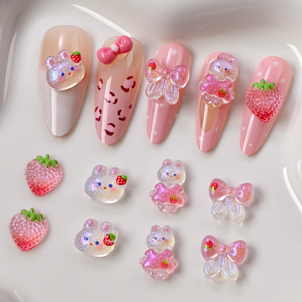 50Pcs Kawaii Mixed Strawberry Rabbit Nail Charm 3D Resin Mini Fruit Bunny Bowknot Rhinestones DIY Crafts Nail Art Decoration
