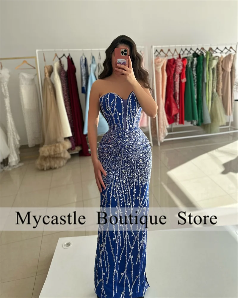 Royal Blue Beaded Lace Mermaid Evening Dresses Women 2025 Crystals Sweetheart Prom Gowns Formal Party Dress Customized