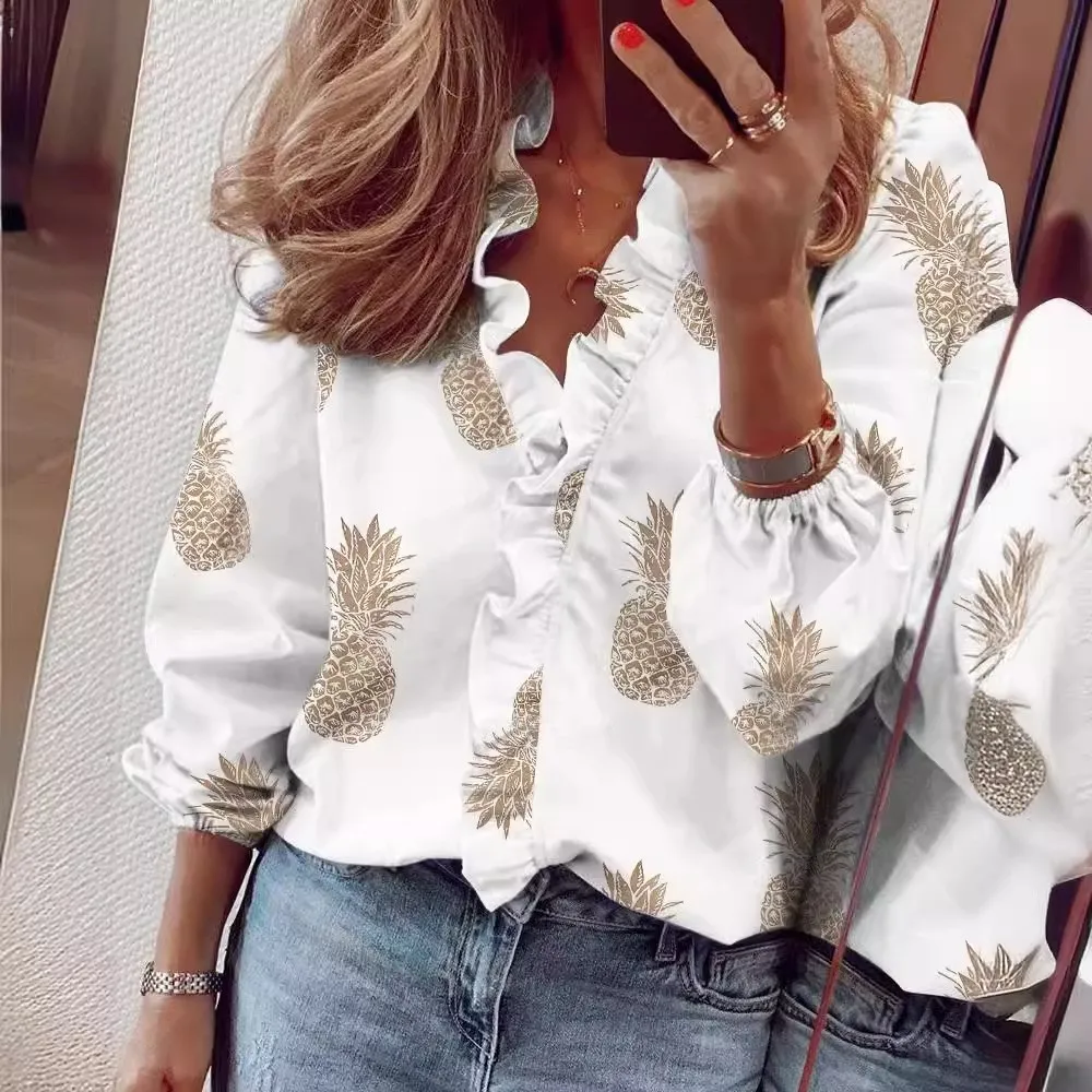 

Ladies Lotus Leaf Collar Pullover Blouse Tops 2024 Autumn New Long Sleeved Ruffled Patchwork Shirt Blusa Feminina Inverno Y2K