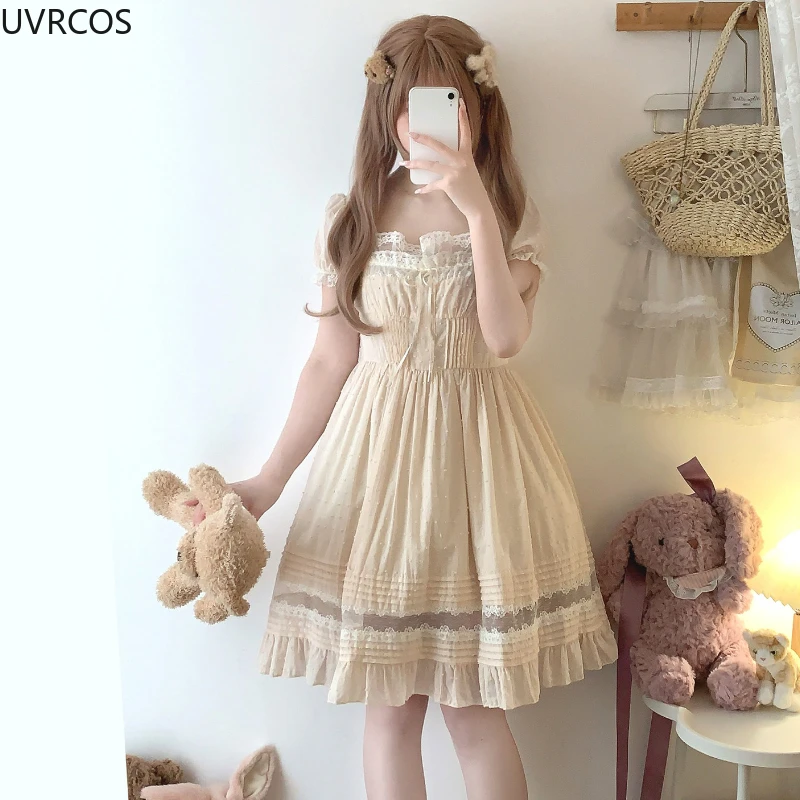 Sweet Elegant Lolita Mini Dress Women Japanese Kawaii Cute Lace Square Neck Fairy Dresses Korean Summer Party Princess Dresses