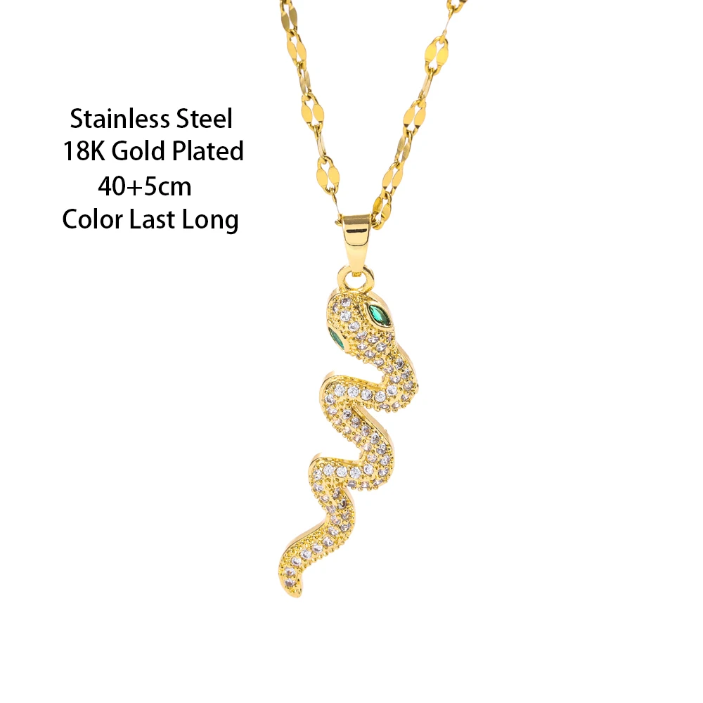 New In Cute Green Zircon Eyes Snake Pendant Necklaces For Women Retro Style Female Stainless Steel Neck Chain Jewelry Wholesale