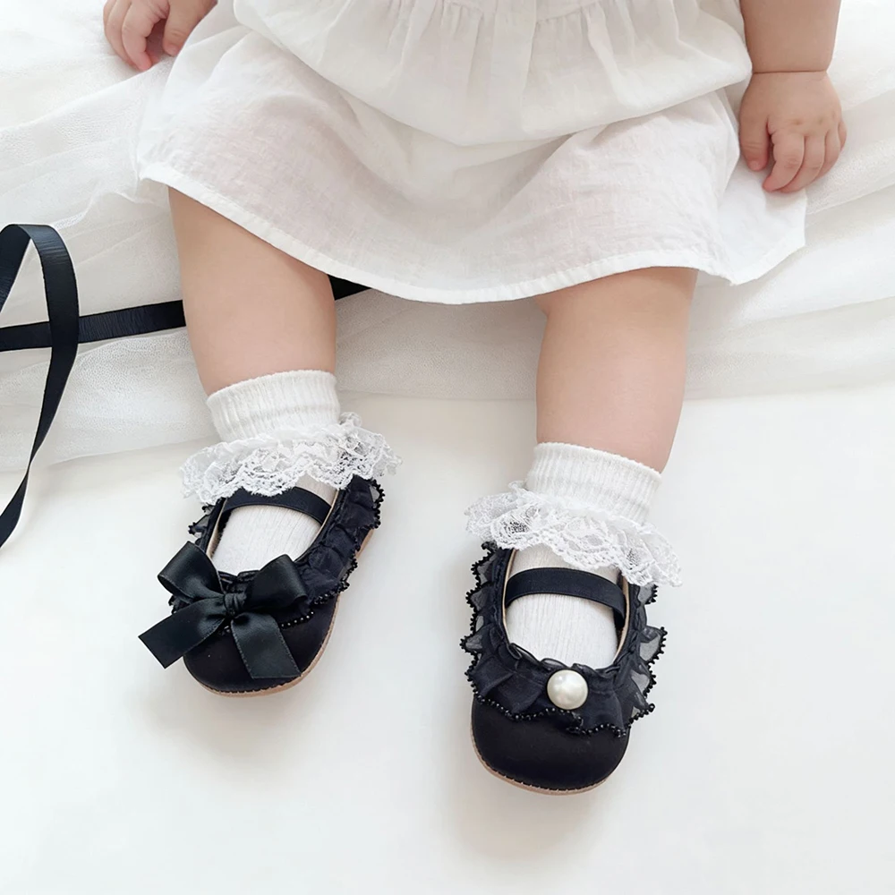 Girls Baby Small Leather Shoes Spring Summer Cute Lace Bowknot  Pearl Single Shoes Children's Soft Sole Shoes Toddler Shoes