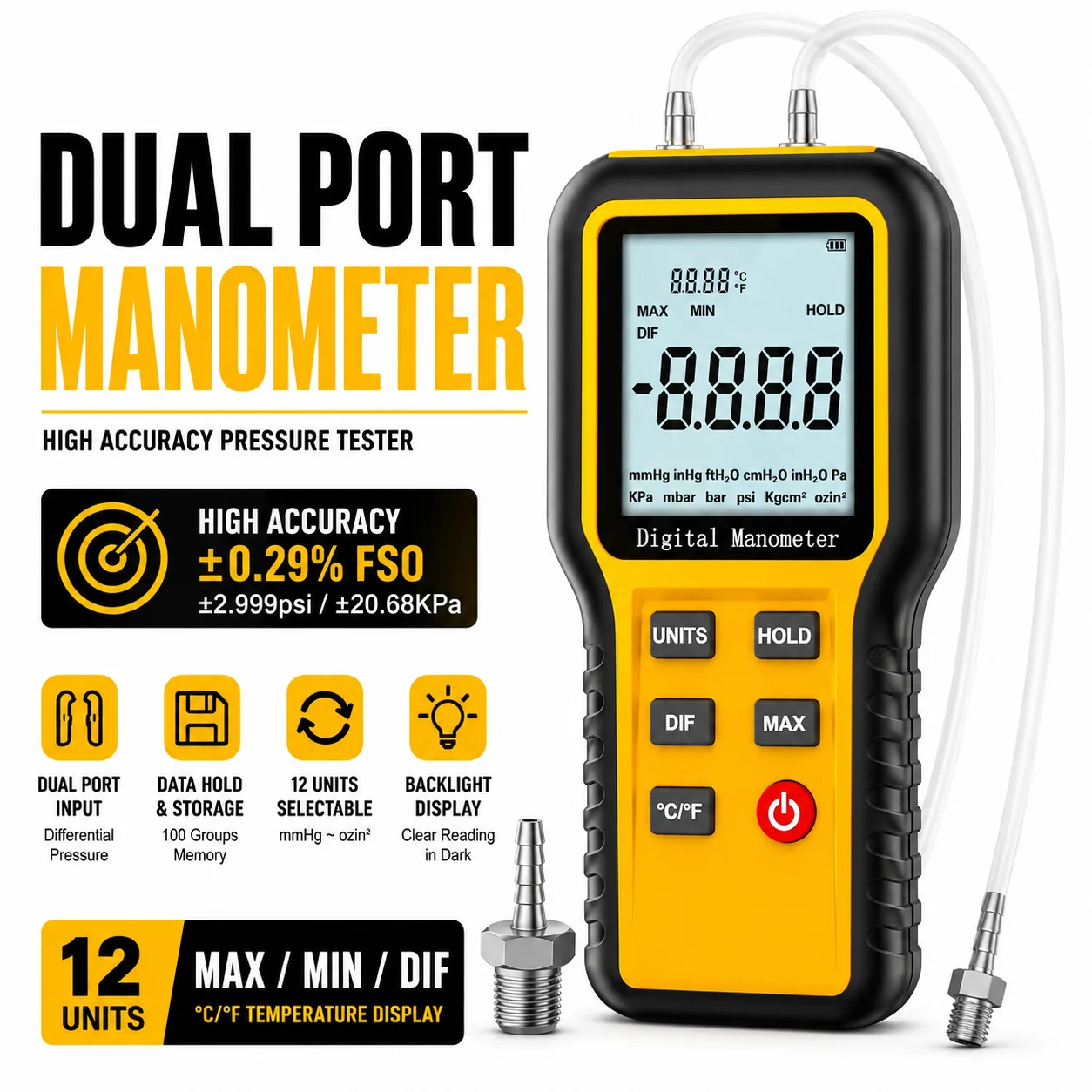 

Digital Manometers Handheld Gas Pressure Manometer HVAC Gas Pressure Tester Dual-Port Professional Air Pressure Meter 12 Select