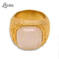 Liora Vintage Stainless Steel Rings For Women PVD Gold Plated Pink Color Square Natural Stone Women Rings No Tarnish Jewelry