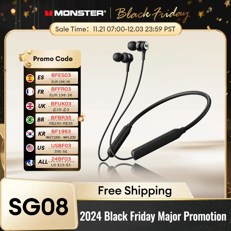 New Monster SG08 Wireless Bluetooth 5.4 Neckband Earphones Ultra-Long Battery Life Gaming Earbuds HD Call Sport Headset With Mic