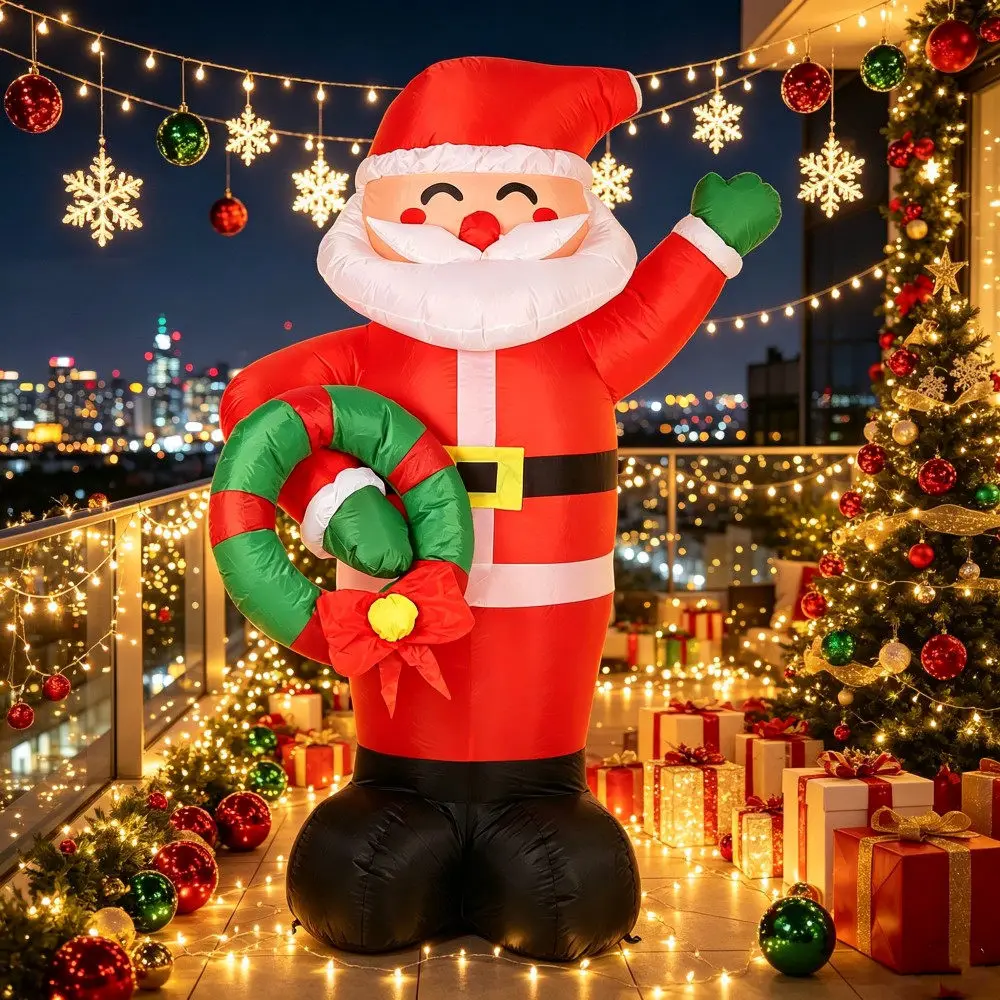 1.8M Inflatable Christmas Waving Santa Claus Flower Wreath built-in LED Lights Suitable Indoor Outdoor Courtyard Lawn Decoration