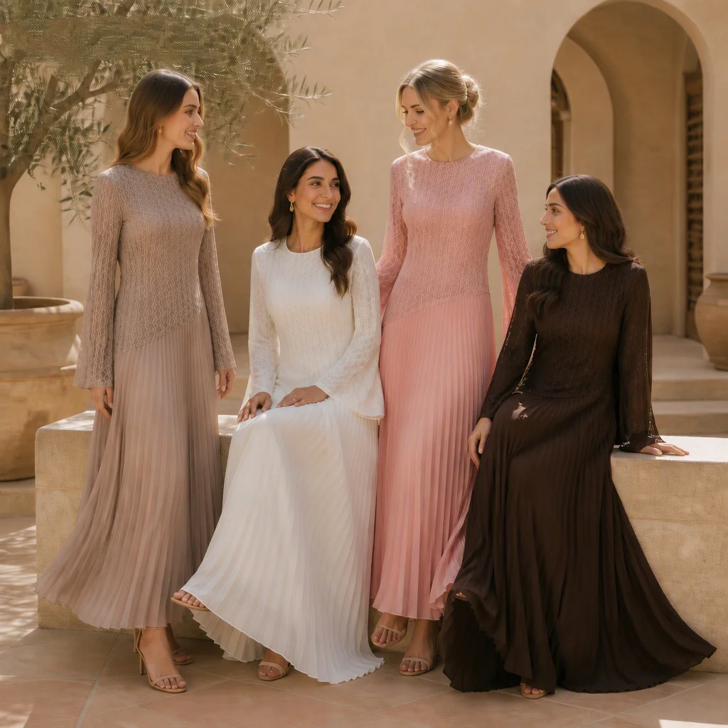 Women Modest Maxi Dress Lace Patchwork Pleated Long Flare Sleeve Round Neck Muslim Long Robe Turkey For Party Islamic Clothing