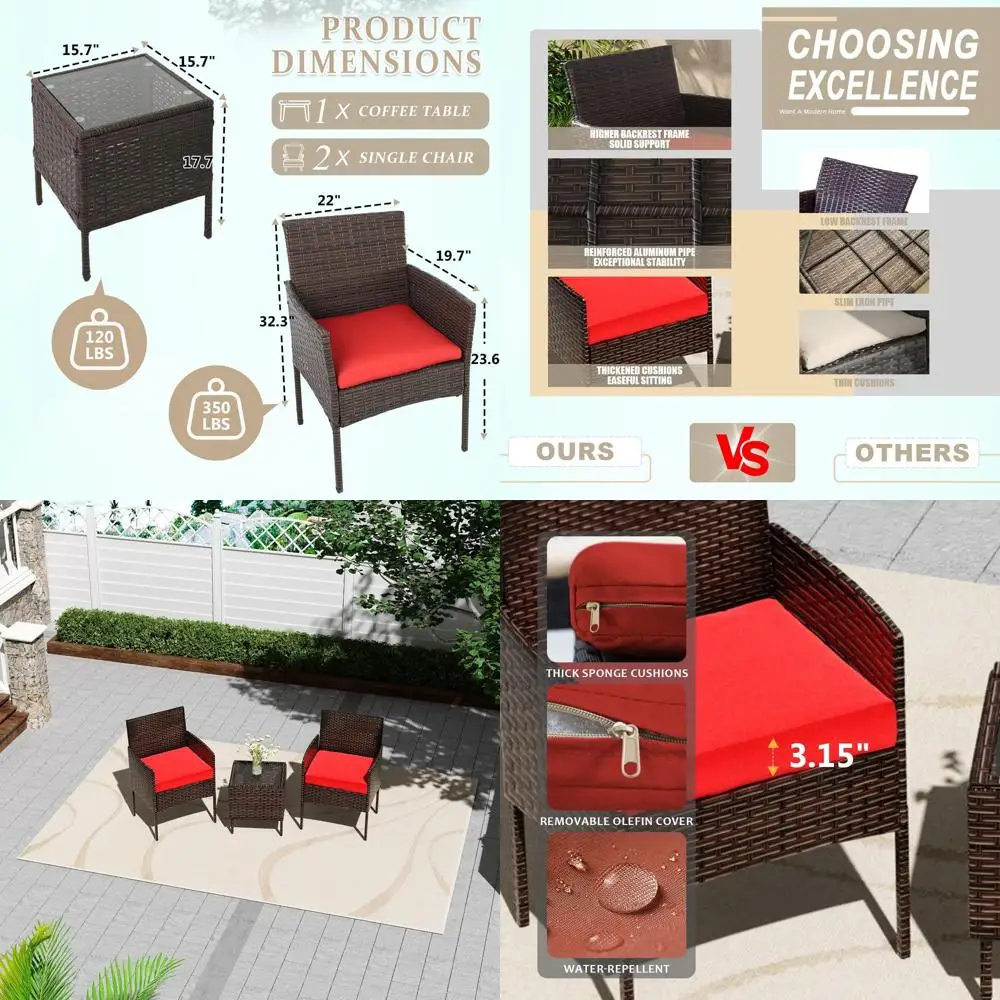 Conjunto de móveis de pátio de vime marrom e vermelho com mesa de vidro e almofadas para conversa ao ar livre