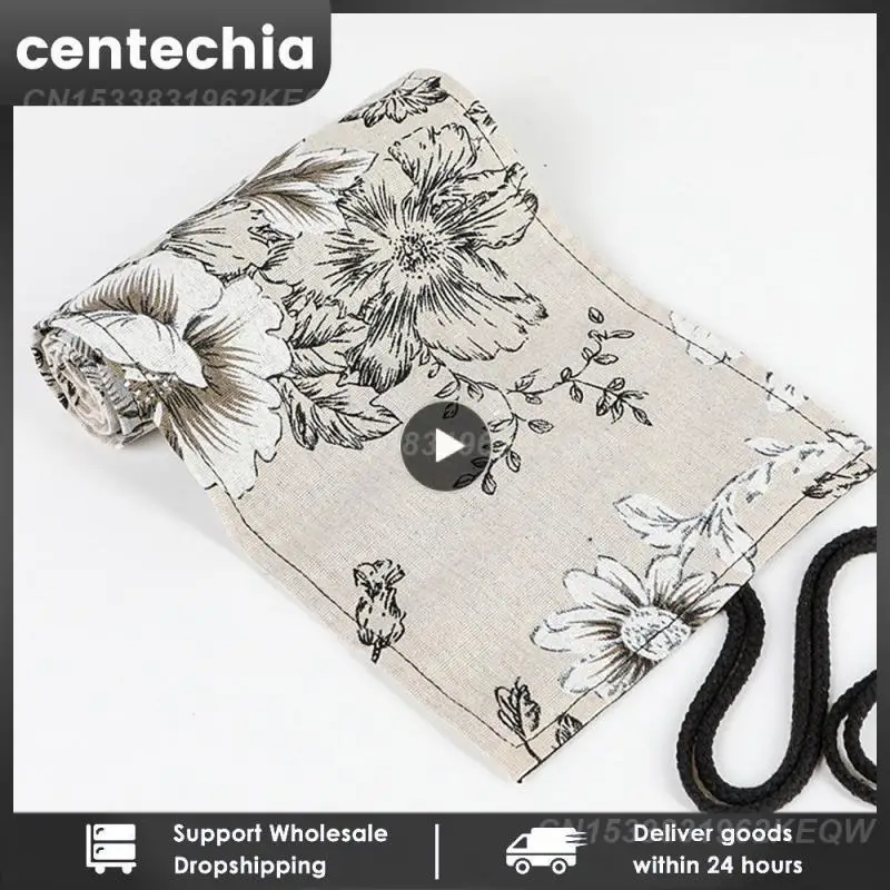 Canvas Pen Curtain Black Peony Japanese Print Easy To Carry Folding Storage Elastic Socket High Capacity Pencil Case Pen Curtain