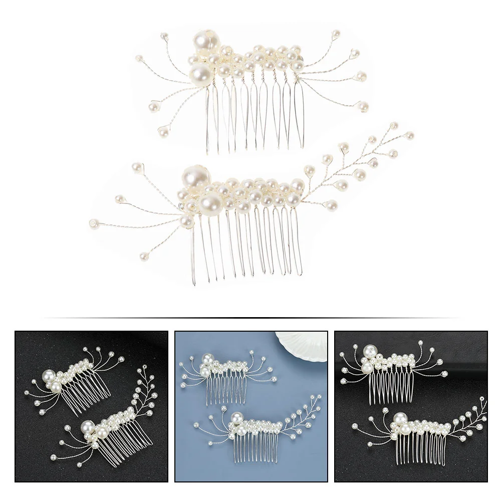 2 Pcs Pearl Hair Clips Comb Bride Decor Accessories for Photography Decorate Wedding Headdress Silver Women's