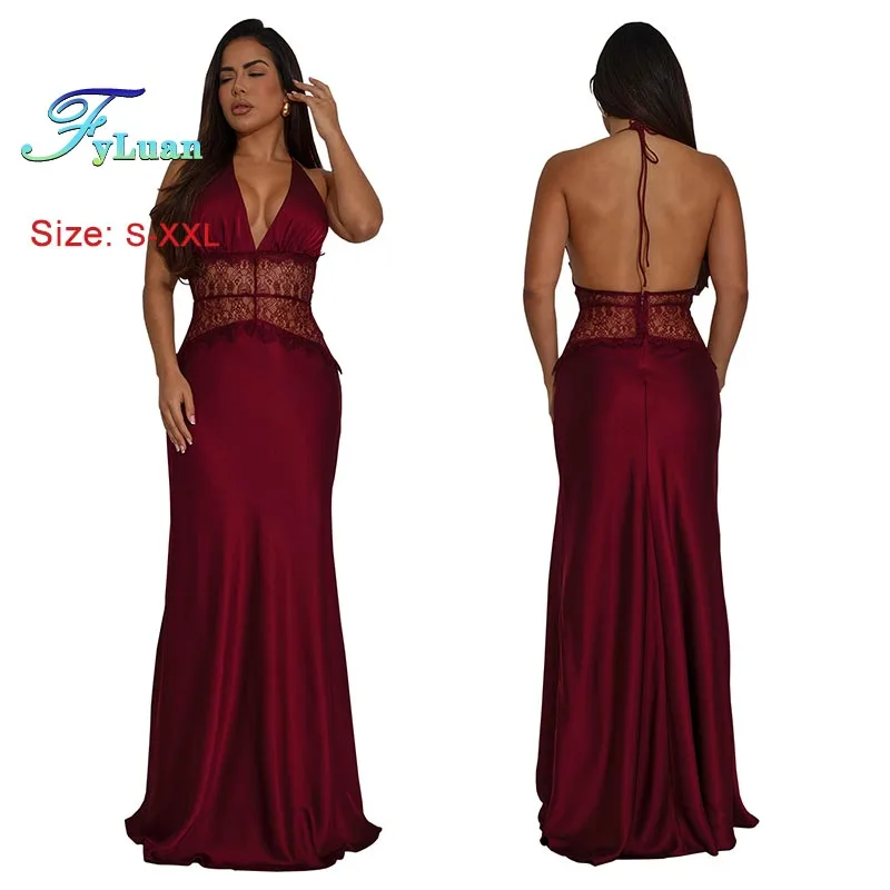 2025 Europa y América vestido de mujer Sexy de encaje con cuello en V profundo vestido largo sin espalda cintura recortada adelgazante vestido sin mangas vestidos de graduación