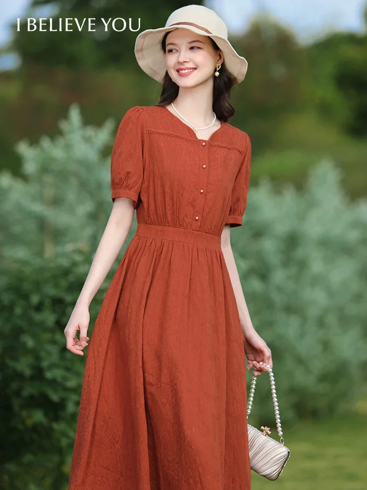 

I BELIEVE YOU Red French V-neck Lace Short Sleeve Women Dresses 2024 Summer New Chic Long A-Line Gentle Dress Lady 2241095639