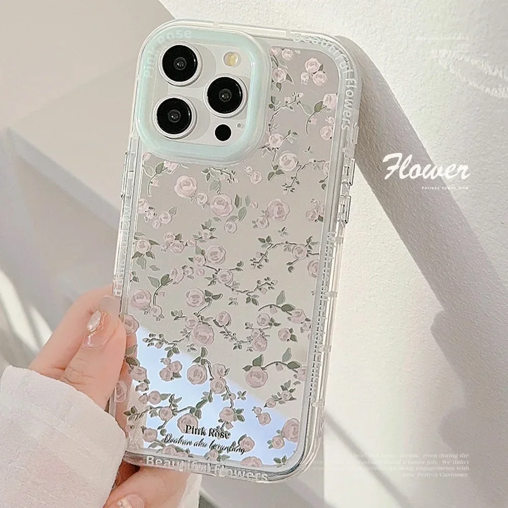 Fairy pink rose Mirror Phone Case For iPhone 16 15 14 13 12 11 Pro Max Xr 15 14 16 Plus Case Cute Sweet Cartoon Shockproof Cover