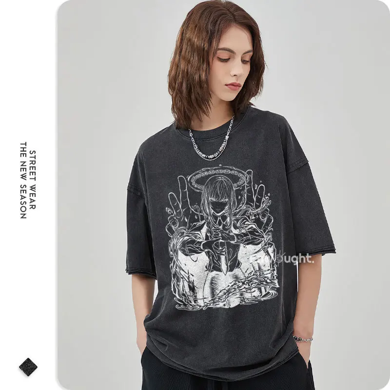 Makima T-shirts Vintage Washed Anime Chainsaw Power Reze Denji Aki T Shirt Oversize Hip Hop Manga Short Sleeve Tops Tees Cotton