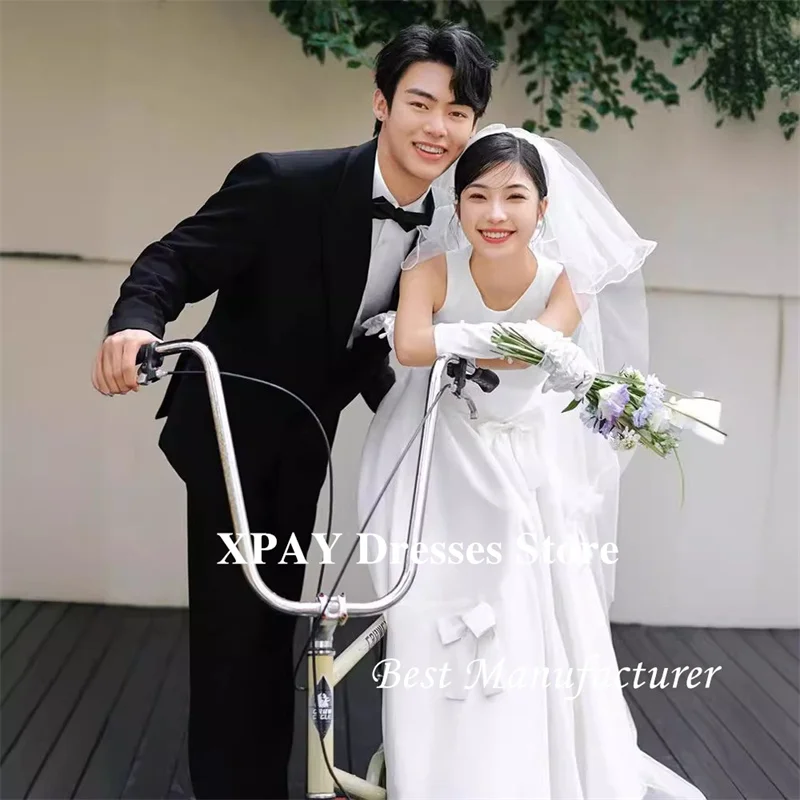 Xpay elegante uma linha vestidos de casamento coreia sessão de fotos o pescoço fitas de cetim macio vestidos de noiva princesa vestido de noiva personalizado