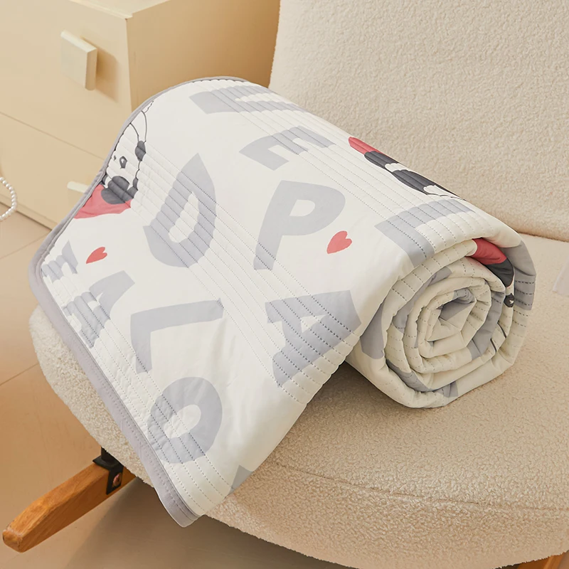 Cute Panda with Letter Summer Cool Quilt Air Conditioning Quilts Core Ice Silk Thin Comforter Blanket Washable Cool Silk Quilt