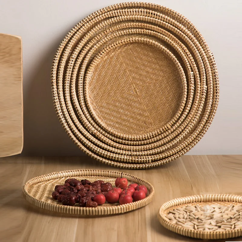 

Hand-woven Bamboo Sieve Hand-painted Bamboo Raft Round Dustpan DIY Decorative Fruit Bread Basket Kitchen Storage Tray