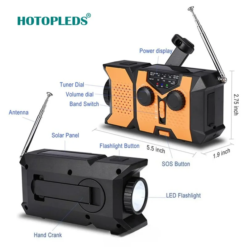 Handkurbel-Solar-FM-Radio und Licht in einem AM/FM/NOAA-Wetterradio, 2000 mAh Powerbank zum Aufladen von Notfone