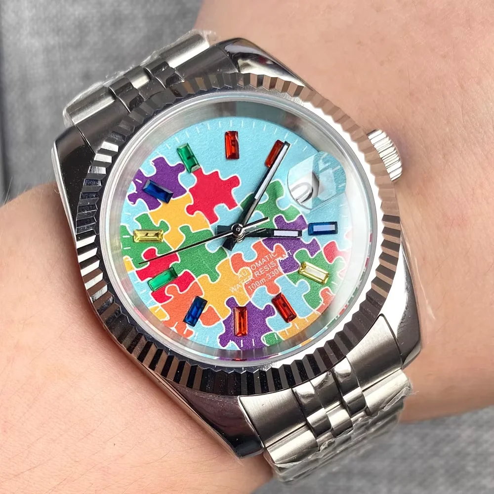 36mm 39mm Fluted Bezel Date Puzzle Steel Mechanical Watch Men Diamond Markers DJ 904L President Bracelet Hombre Clock