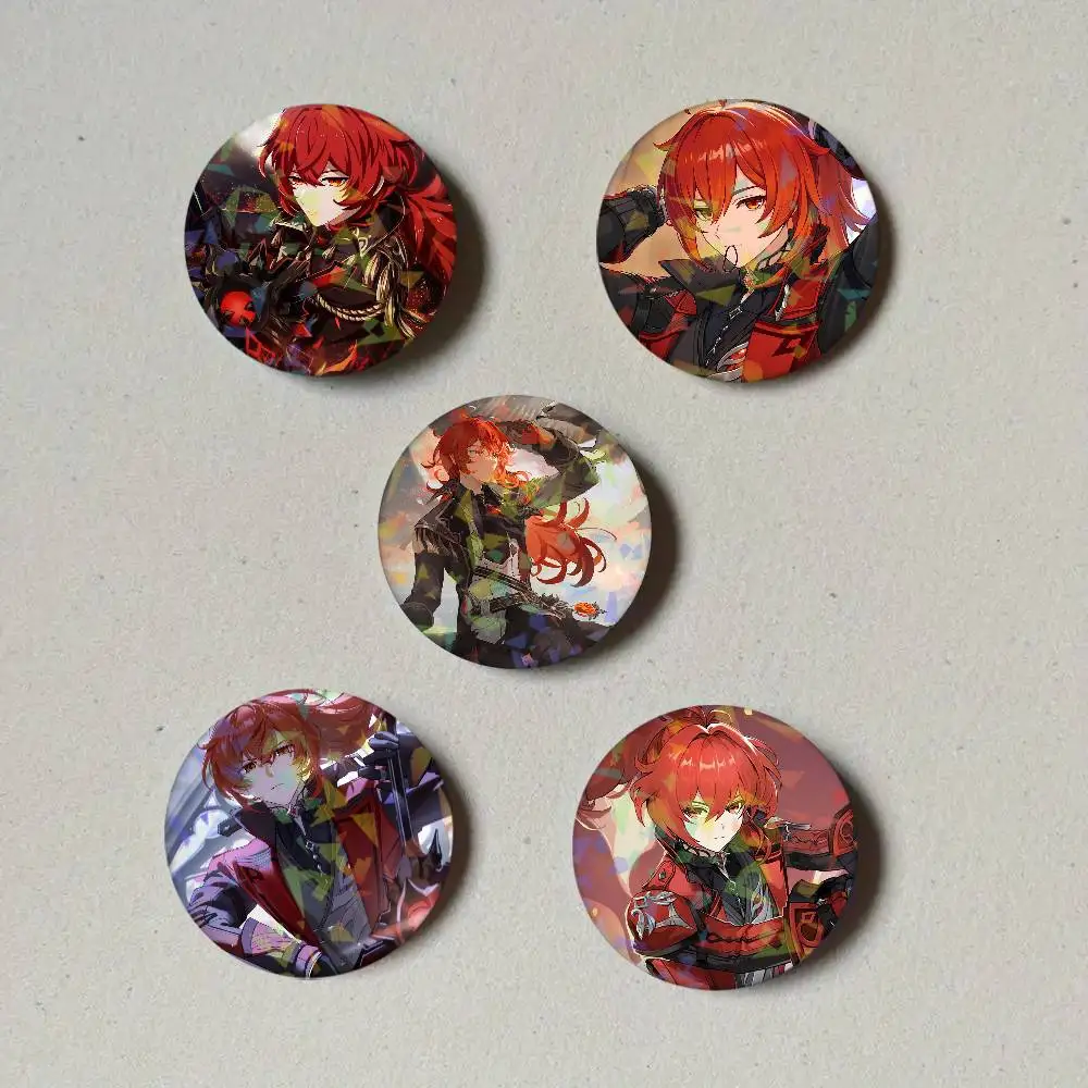 Genshin Impact Diluc Round Exquisite Laser Badge Brooches Creative Pins For Clothes Hat Backpack Gift Accessories