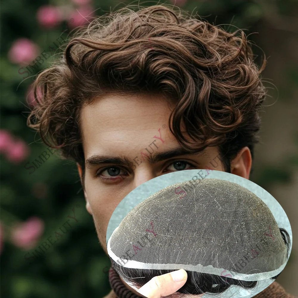 

Мужской парик-система из натуральных волос с французским кружевом, 20-28 мм, с эффектом естественных кудрей, светлый, с отбеленными узлами, полностью на кружевной основе, для мужчин