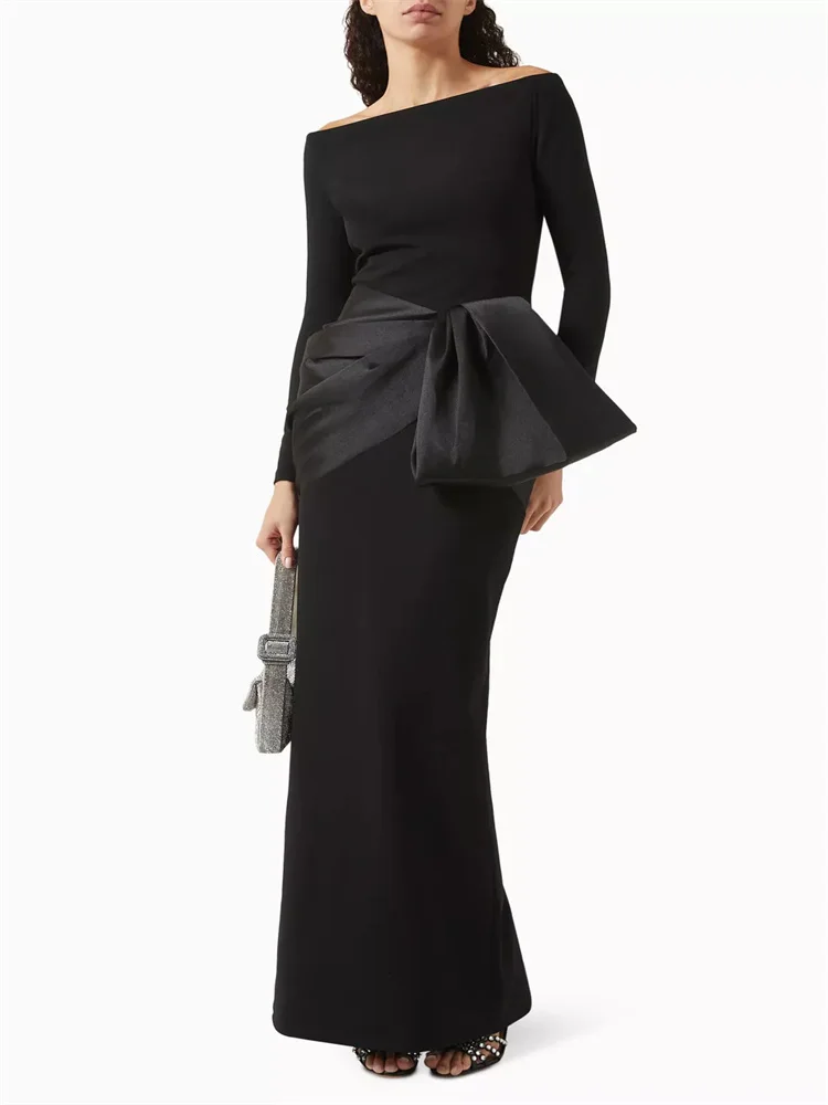 Customized Off Shoulder Neckline Long Sleeves Draped Bow Mermaid Satin Evening Dress Back Zipper Floor Length Gown For Women