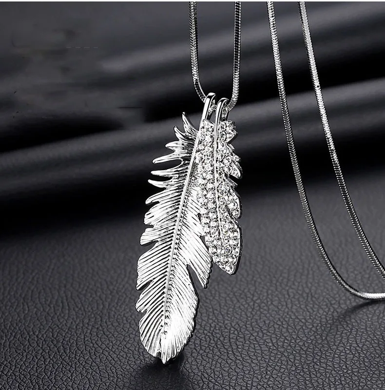 Women Pendant Necklaces Hollow Leaves Flower Crystal Sweater Chain Crystal Long  Tassel Necklace Accessories