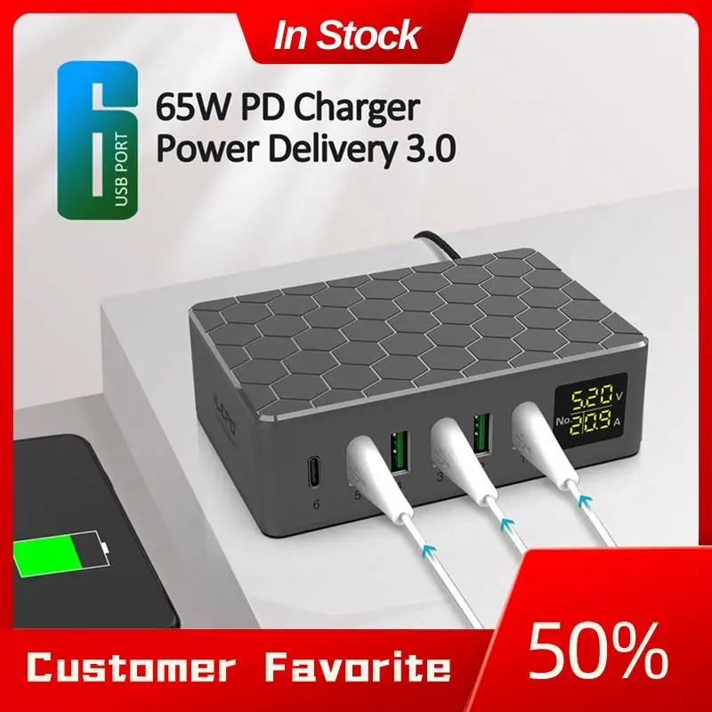 AT03 أعلى 65 واط QC3.0 عالية الطاقة PD شاحن شاشة ديجيتال USB شاحن متعدد المنافذ شاحن سريع الملحقات مكون 6-Port Charge