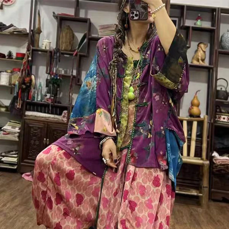 Original Design Summer Women Long Sleeve Single Breasted Loose Shirt Coat Vintage Print Rayon Handmade Embroidery Jacket 8732