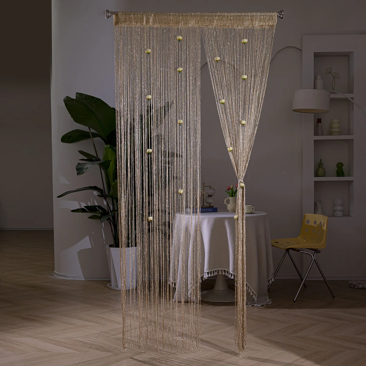 1*2M Rosenblatt-Drahtgeflecht-Vorhang, Silberfaden Rosenblumenmuster Vorhang, Türvorhang